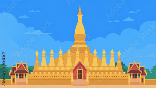 Golden buddhist temple with spires and towers under blue sky with clouds serene landscape