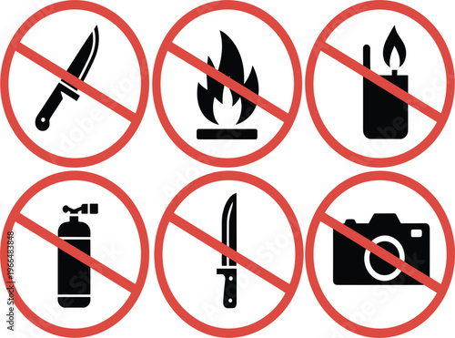 Prohibition signs set, no knife fire lighter gas cylinder camera warning icons vector illustration design