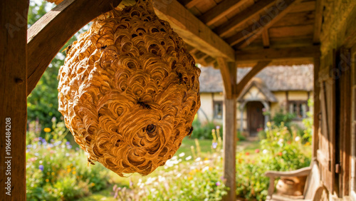 Large, intricately built wasp nest made of paper-like material hangs prominently beneath a wooden porch structure near a rustic cottage garden setting.