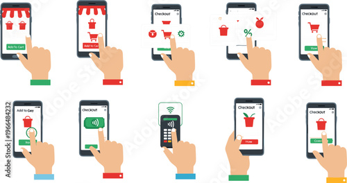 Mobile Shopping and Online Payment Icon Set Featuring Add to Cart, Checkout, Digital Wallet, Transaction and E Commerce App Interaction Vector Illustration