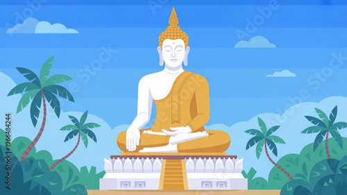 Buddha statue sitting in meditation on a pedestal amidst tropical palm trees and blue sky