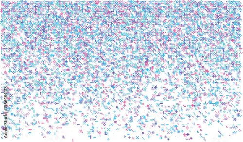 Scattered pixelated squares and crosses in pastel blues pinks and purples