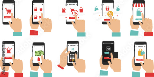 Mobile Shopping and Online Payment Icon Set Featuring Add to Cart, Checkout, Digital Wallet, Transaction and E Commerce App Interaction Vector Illustration