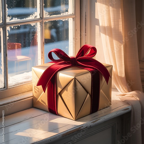 A festive golden gift box with a luxurious red velvet ribbon and bow rests on a windowsill with a winter scene outside