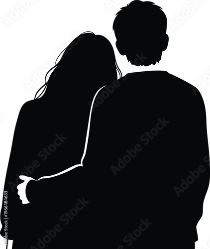 Silhouette of romantic couple embracing standing together isolated on white background for valentine design concept