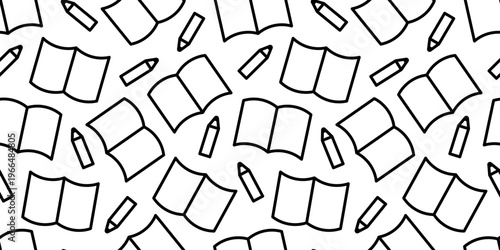 ノートと鉛筆のシームレス背景画像。（Seamless background image of notebooks and pencils.）
