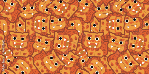 かわいいシーサーが敷き詰められたシームレスパターン｜沖縄モチーフの和風背景素材　Seamless Pattern Filled with Cute Shisa Characters
