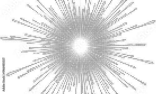 Fine linear ray sunburst halftone design concept with dots texture for elegant optical lens flare and speed visuals.