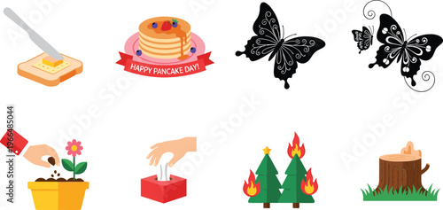 Vector icon set with pancake day dessert, decorative butterfly silhouettes, gardening plant pot, tissue box, burning forest trees, and tree stump