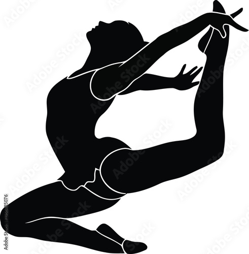 Black Silhouette of a Professional Rhythmic Gymnast Performing an Elegant Graceful Split Leap Pose Isolated