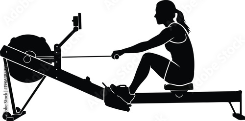 Woman exercising on rowing machine silhouette isolated on white background for gym fitness branding design