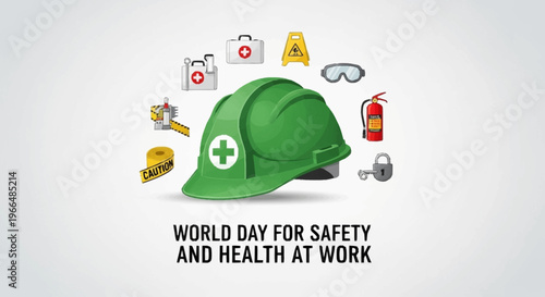 Vector illustration for World Day for Safety and Health at Work, featuring essential safety equipment centered around a hard hat, symbolizing workplace protection