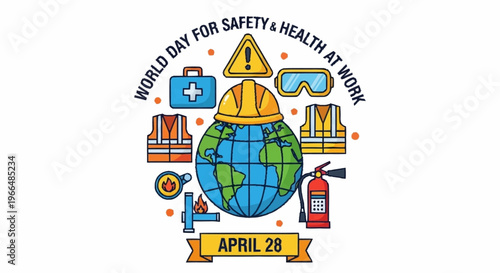 Global awareness for workplace safety and health, an illustration depicting essential protective equipment and the earth, promoting a secure and healthy work environment for everyone