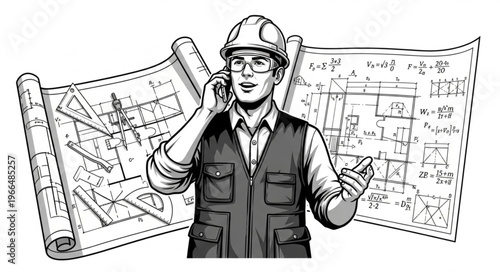 Architect on the phone with blueprints and construction plans.