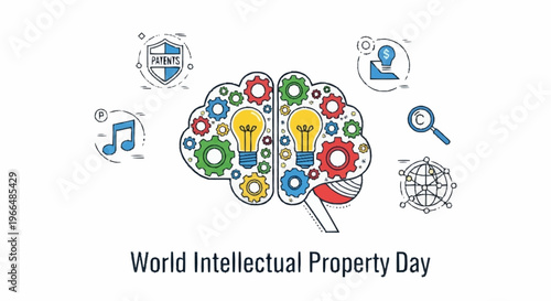 Vector graphic illustrating World Intellectual Property Day, highlighting the importance of original ideas, creative expression, and legal protection for innovation and development