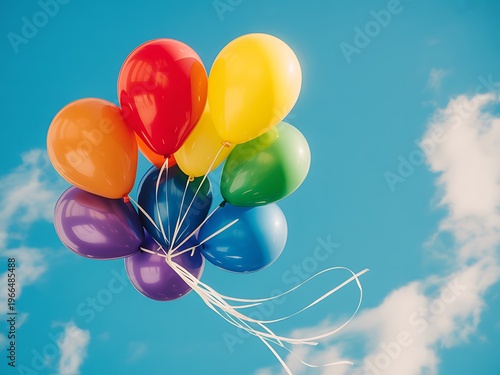 A vibrant cluster of multicolored balloons floats gracefully against a clear blue sky with fluffy white clouds scattered throughout the background