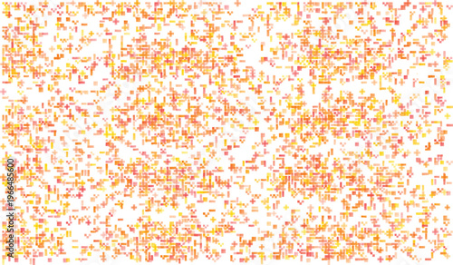 Scattered pixelated squares and crosses in warm orange yellow and pink colors abstract background 