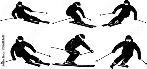 Dynamic black silhouettes of skiers in various downhill skiing action poses