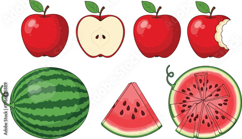 Fresh fruit vector illustration set with red apples whole sliced and bitten, and watermelon whole fruit with juicy slices isolated collection