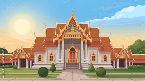 Traditional thai temple with orange roof and golden accents at sunset serene landscape with blue sky