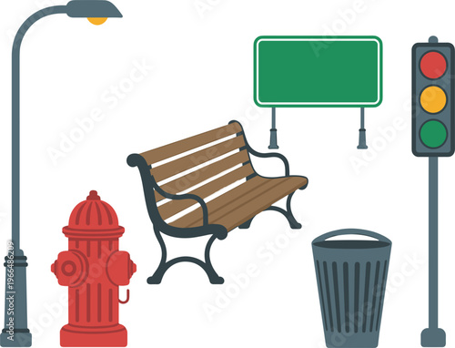 City street furniture set, bench lamp traffic light hydrant trash bin sign urban vector illustration design