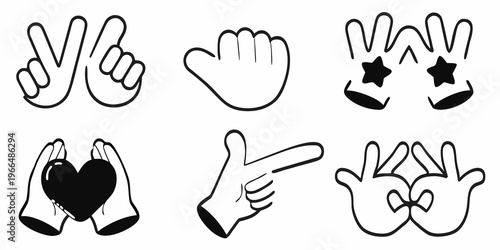 Collection of diverse hand gestures in a black and white cartoon style