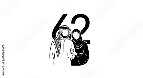 Arabic couple standing together with the number 62 in the background, black and white illustration.