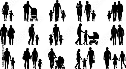 Silhouettes of Various Families and Parents with Children Walking and Pushing Strollers