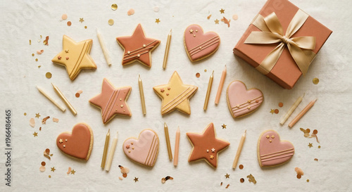Decorated star and heart sugar cookies with gift box and candles