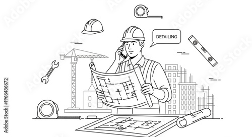 Architect Engineer Discussing Blueprints on Phone Amidst Construction Site.