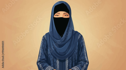 A woman wearing a blue hijab and black niqab, with only her eyes visible, looking forward in an illustrative style.