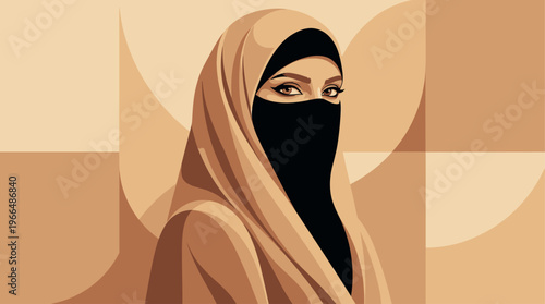 An illustration of a woman wearing a niqab and hijab, with her eyes visible, set against a background of abstract geometric shapes in warm earthy tones.