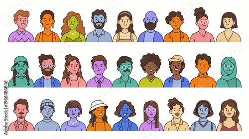 A diverse collection of cartoon-style avatars featuring various people with different ethnicities, genders, and appearances, arranged in three rows.