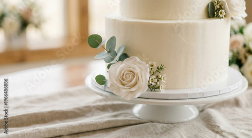 Elegant two tier white wedding cake decorated with roses and eucalyptus
