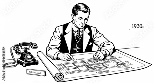 Architect in the 1920s working on blueprints with a telephone nearby.