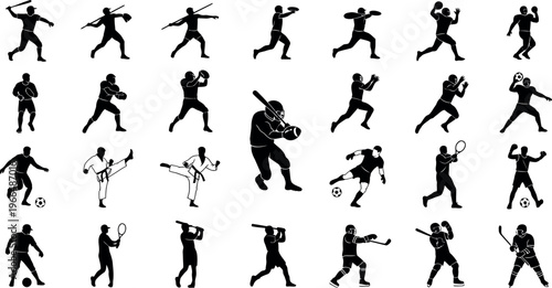 A collection of black silhouettes depicting various sports and athletic activities on a white background