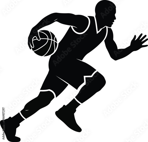 Basketball Player Silhouette Dribbling Ball Dynamic Action Sports Graphic Logo Design Isolated On White Background