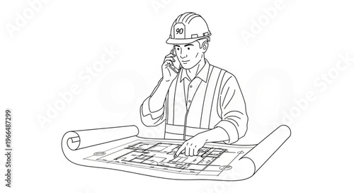 Architect on Phone Discussing Blueprints at Construction Site.