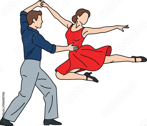 couple dancing salsa or ballroom with man leading woman in dynamic pose isolated illustration