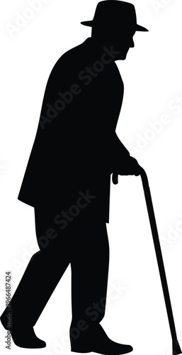 Black silhouette of elderly man wearing hat walking with a cane isolated on white background
