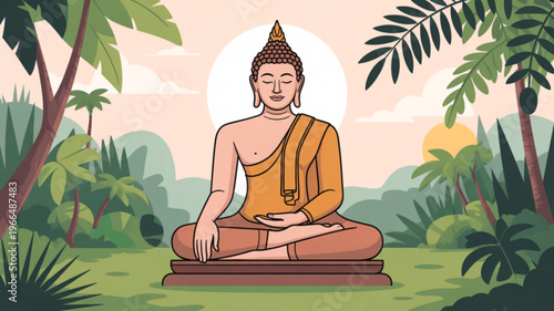 Buddha statue meditates peacefully in serene green forest with tropical trees and sunset background