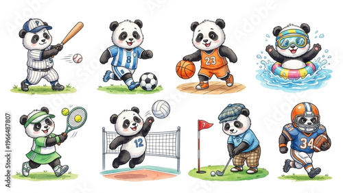  Set of funny cartoon cute Panda animals in playful sports vector style featuring smiling characters for kids toy illustration collection