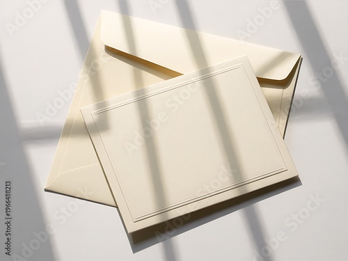 Elegant beige stationery set with embossed card and matching envelope resting on a light surface with dramatic shadow overlays creating a sophisticated mood