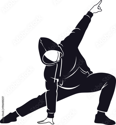 Black Silhouette of Male Breakdancer Performing Dynamic Street Dance Move Isolated on White Background