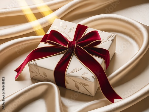 Elegant gift box wrapped in a cream paper with embossed foliage design and tied with a luxurious deep red velvet ribbon with gold trim beautifully placed on flowing satin fabric
