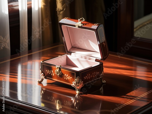 Luxurious antique wooden jewelry box with intricate gold detailing open and resting on a polished wooden table surface bathed in sunlight