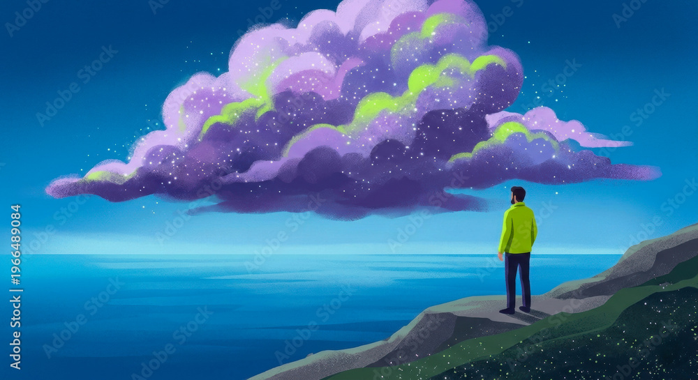 Fototapeta premium Magical Neon Clouds Above The Deep Blue and man