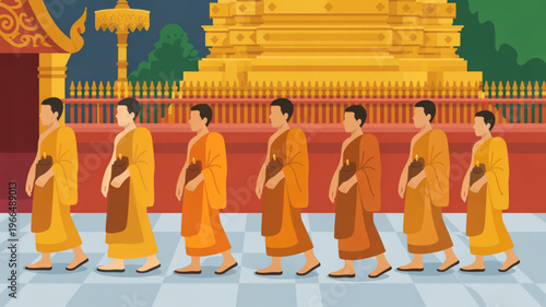 Buddhist monks walking in a line at a temple monks in orange robes carrying bowls serene spiritual procession