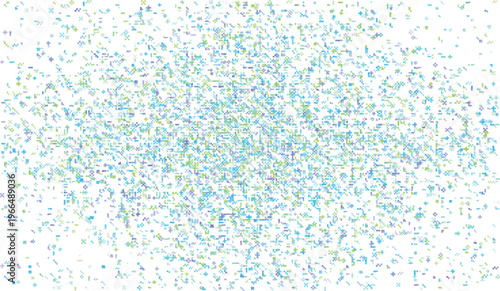 Scattered small pixelated squares and crosses in blue green and purple hues abstract background
