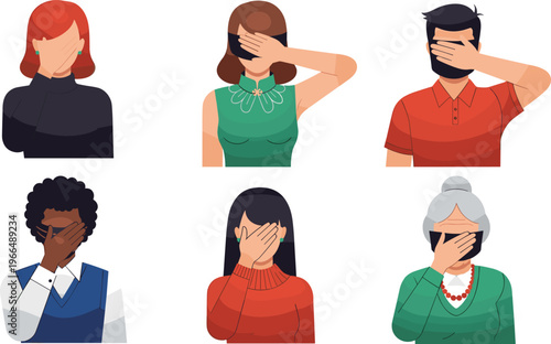 Facepalm People Vector Set with Men and Women Covering Face Showing Embarrassment, Mistake and Frustration Emotions for Reaction, Social and Communication Illustration